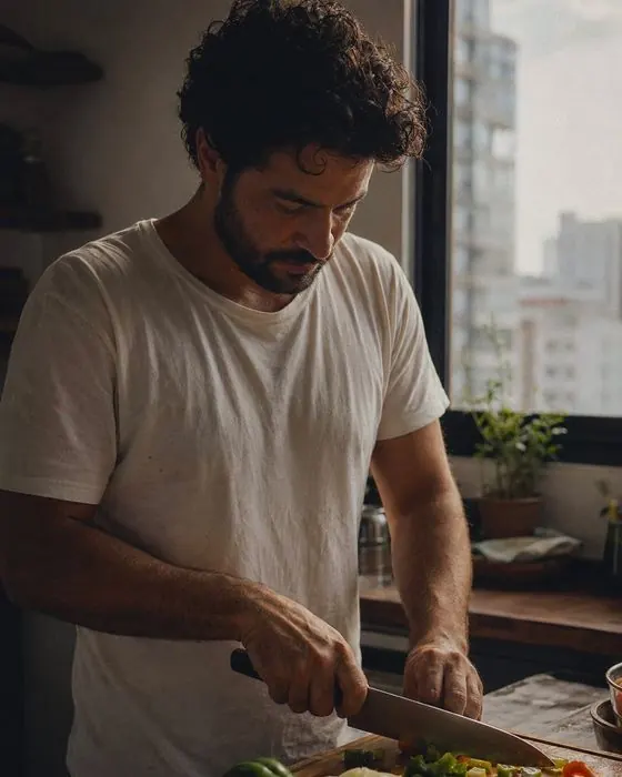 Caio corta legumes na cozinha de casa.